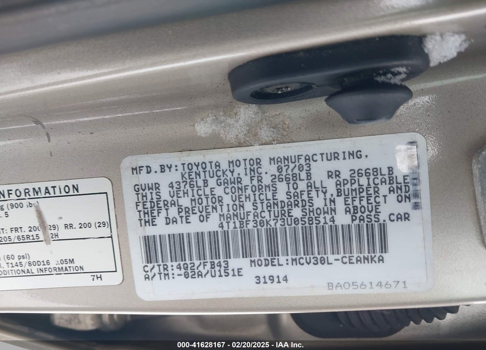 2003 TOYOTA CAMRY LE V6 VIN: 4T1BF30K73U058514
