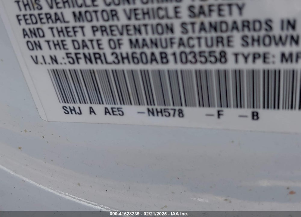 2010 HONDA ODYSSEY EX-L VIN: 5FNRL3H60AB103558