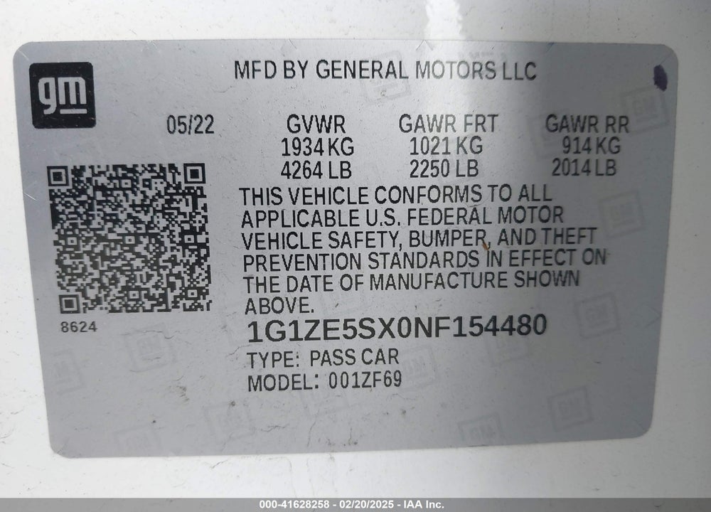 2022 CHEVROLET MALIBU VIN: 1G1ZE5SX0NF154480