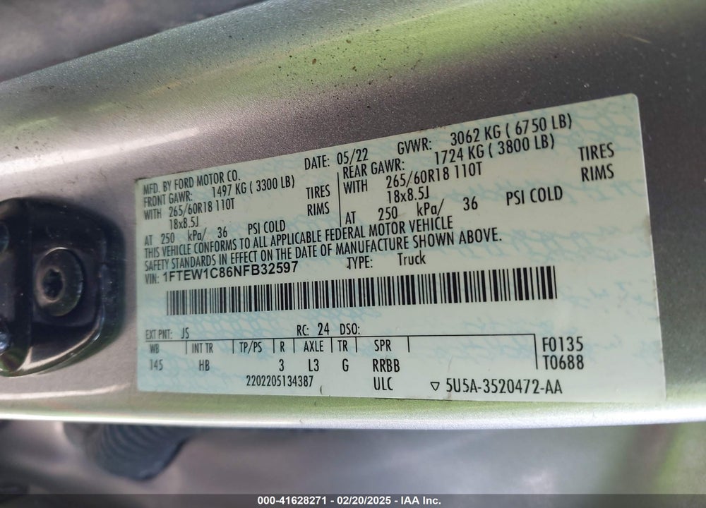 2022 FORD F-150 VIN: 1FTEW1C86NFB32597