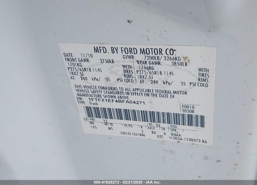 2011 FORD F-150 XLT VIN: 1FTFX1EF4BFA04271