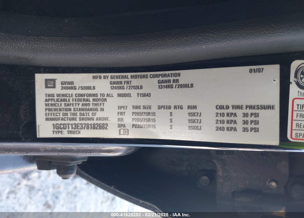 2007 CHEVROLET COLORADO LT VIN: 1GCDT13E378182682