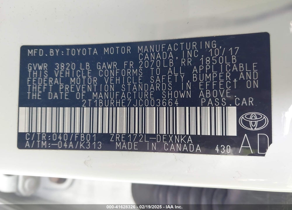 2018 TOYOTA COROLLA LE VIN: 2T1BURHE7JC003664