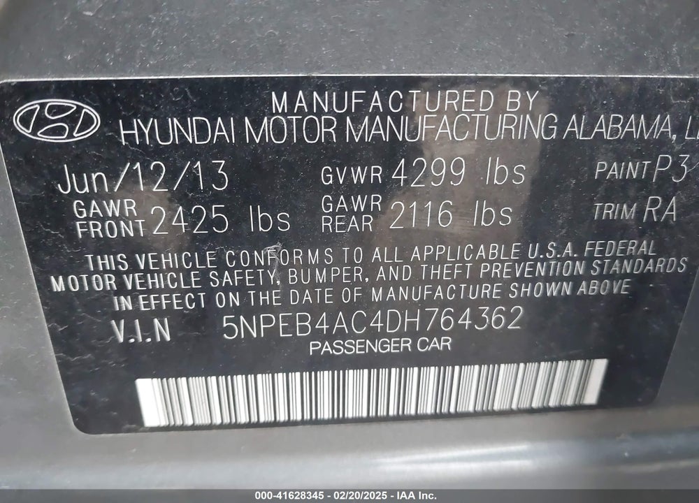 2013 HYUNDAI SONATA VIN: 5NPEB4AC4DH764362