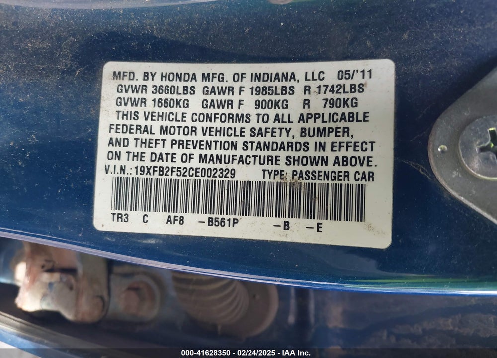 2012 HONDA CIVIC VIN: 19XFB2F52CE002329