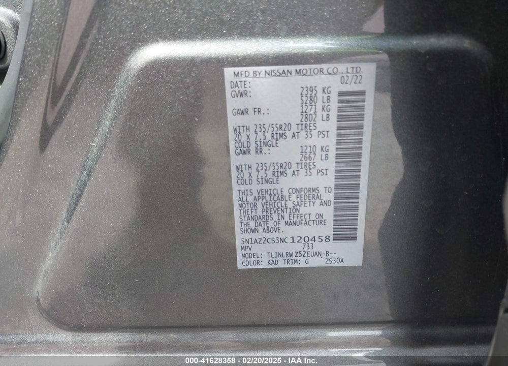 2022 NISSAN MURANO VIN: 5N1AZ2CS3NC120458