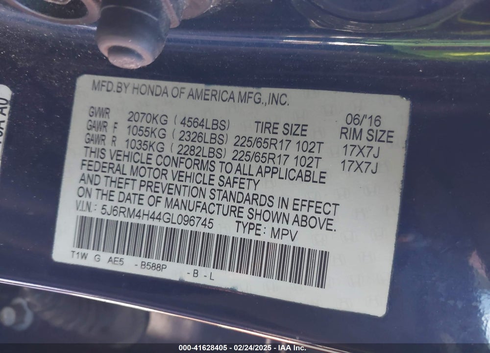 2016 HONDA CR-V SE VIN: 5J6RM4H44GL096745