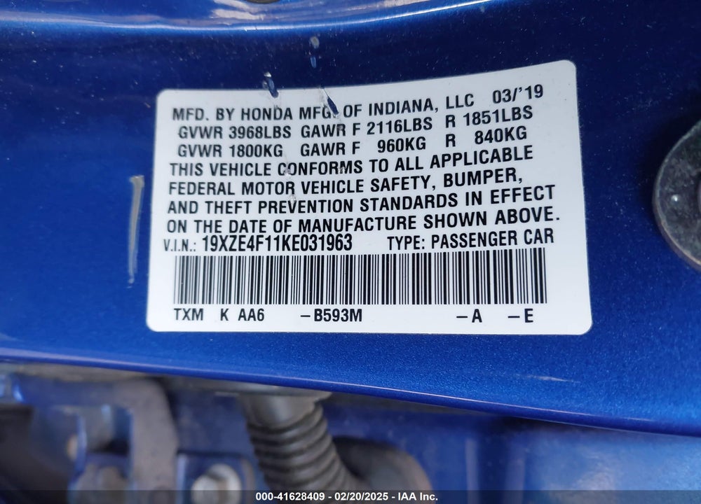 2019 HONDA INSIGHT VIN: 19XZE4F11KE031963