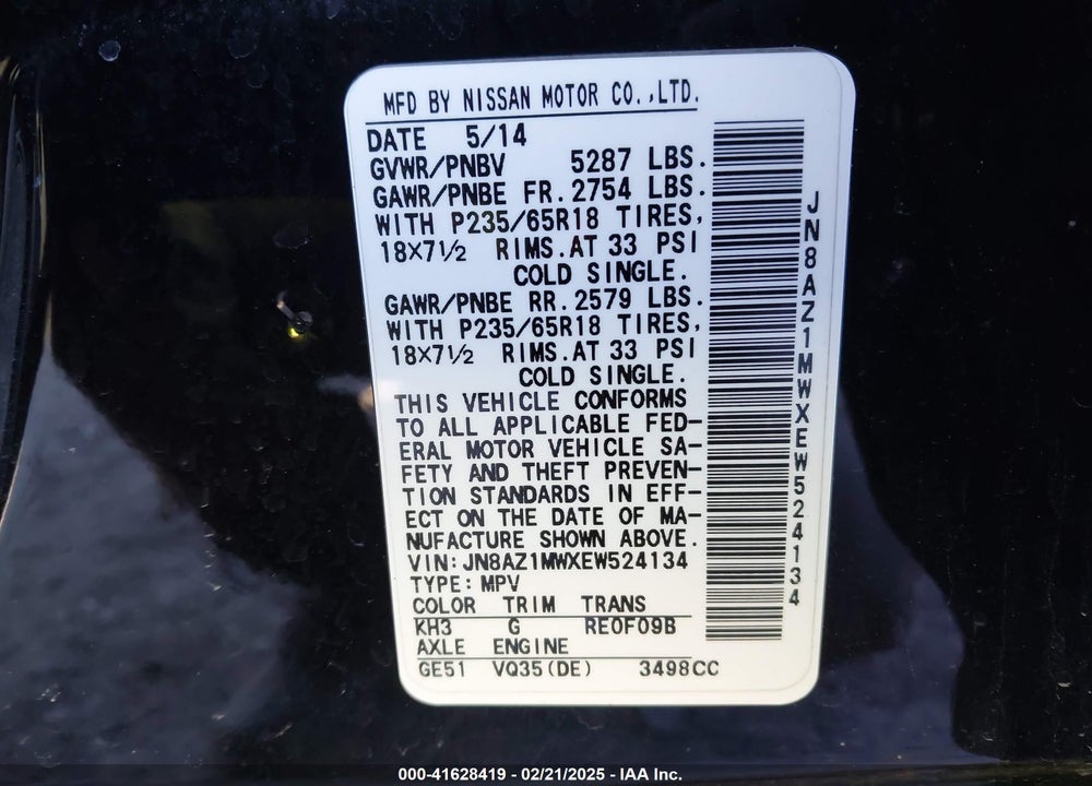 2014 NISSAN MURANO SV VIN: JN8AZ1MWXEW524134
