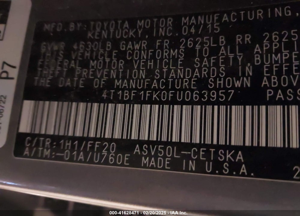 2015 TOYOTA CAMRY VIN: 4T1BF1FK0FU063957