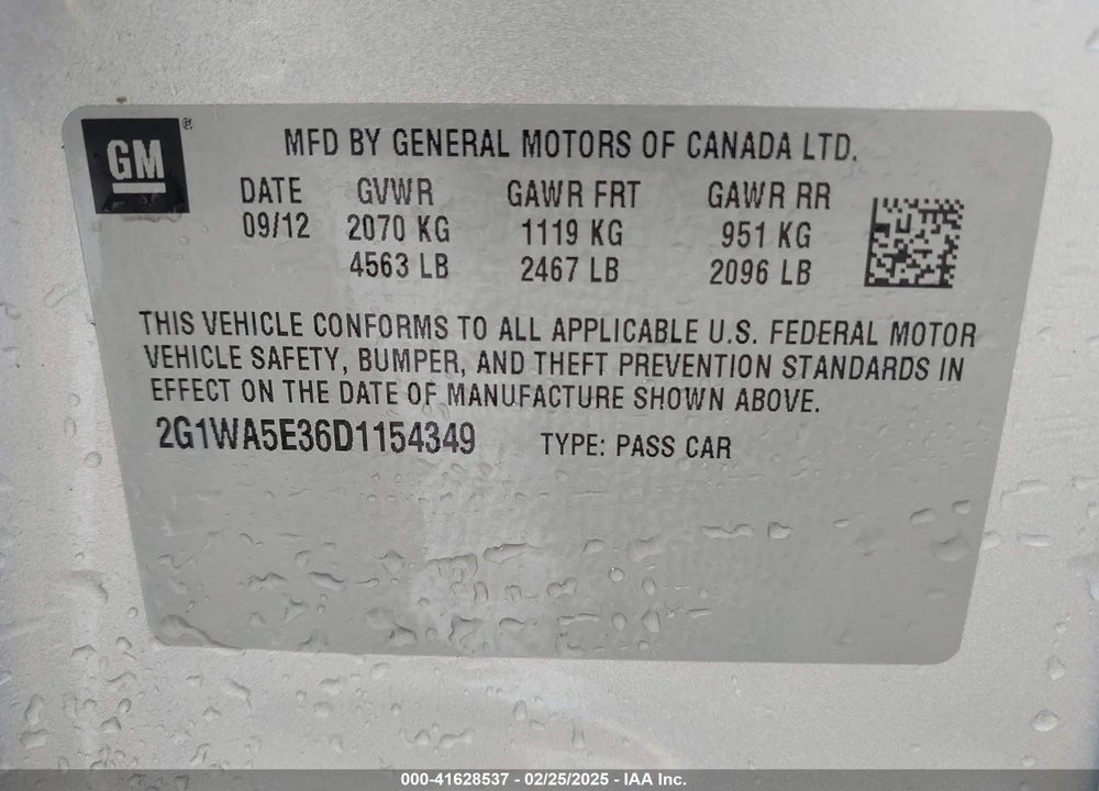 2013 CHEVROLET IMPALA VIN: 2G1WA5E36D1154349