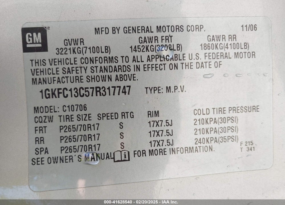 2007 GMC YUKON SLE VIN: 1GKFC13C57R317747