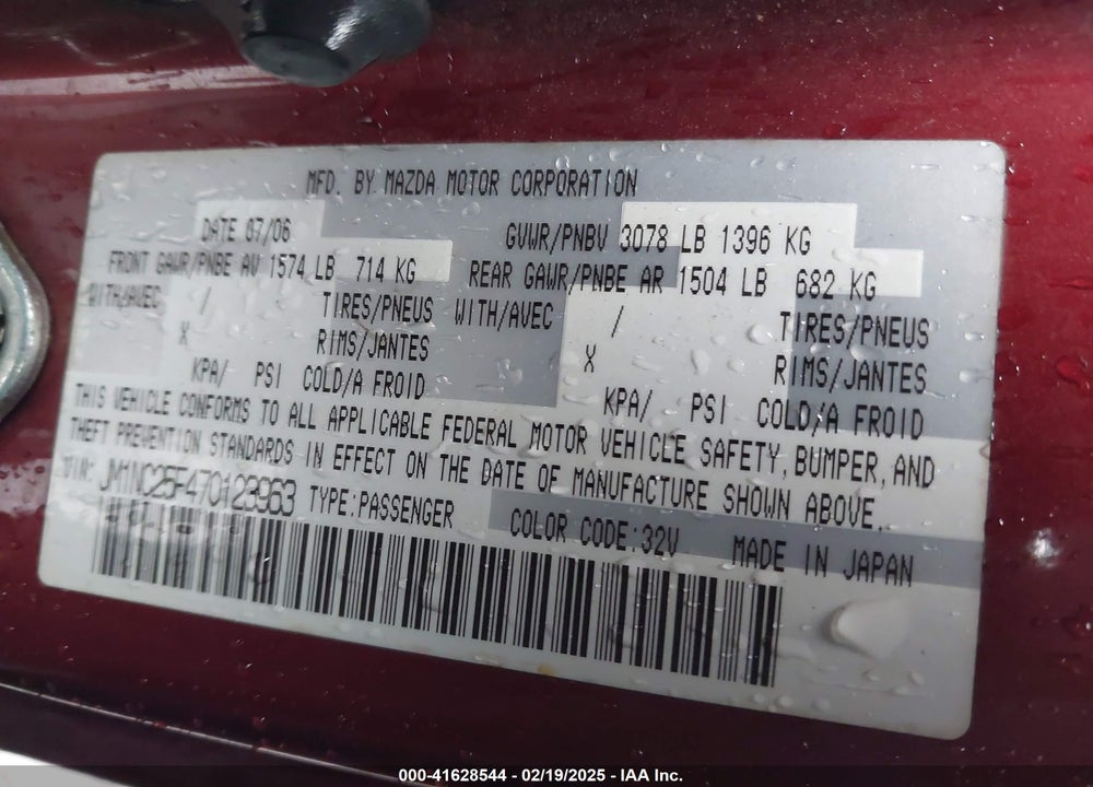 2007 MAZDA MX-5 SPORT VIN: JM1NC25F470123963