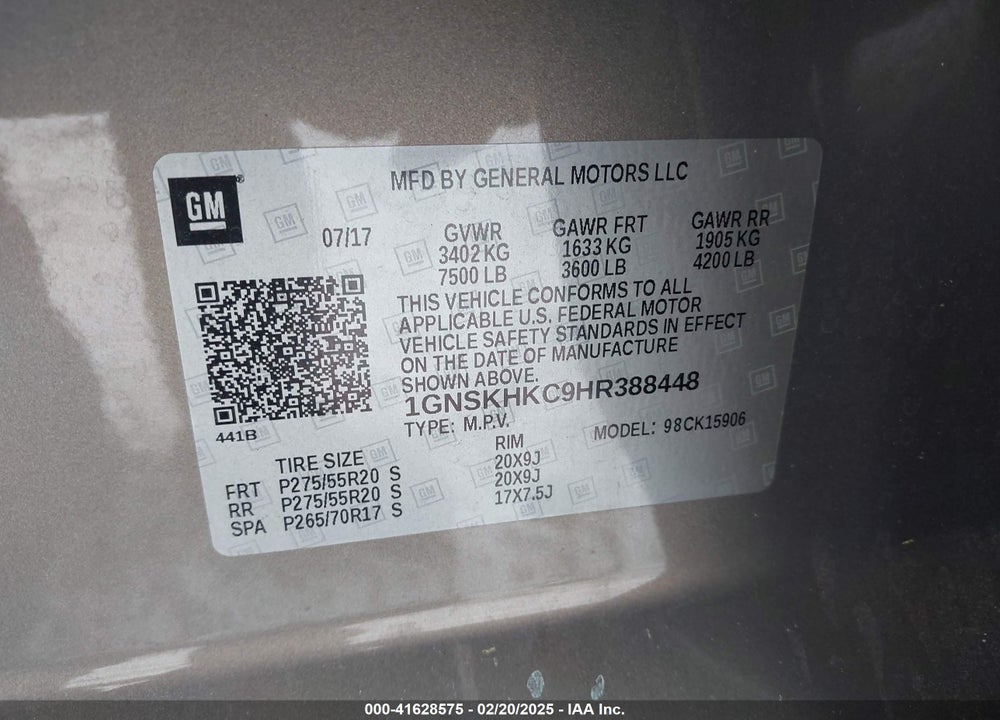 2017 CHEVROLET SUBURBAN LT VIN: 1GNSKHKC9HR388448
