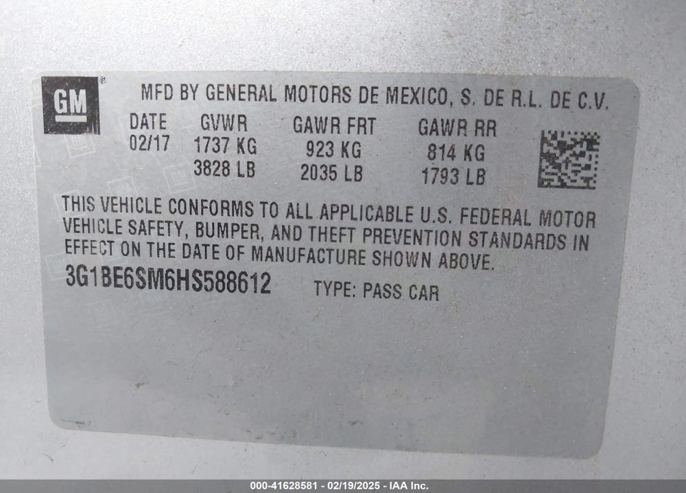 2017 CHEVROLET CRUZE VIN: 3G1BE6SM6HS588612