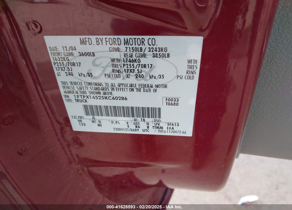 2005 FORD F-150 VIN: 1FTPX14525KC60286