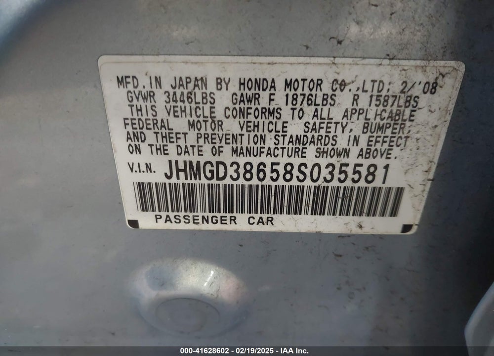 2008 HONDA FIT VIN: JHMGD38658S035581