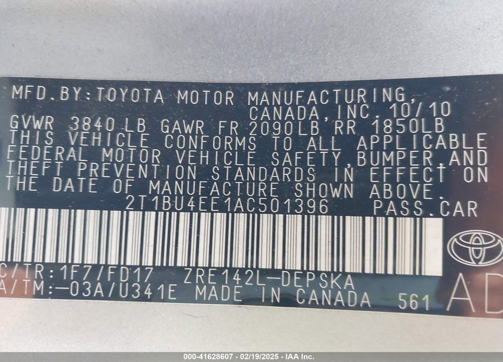 2010 TOYOTA COROLLA S VIN: 2T1BU4EE1AC501396