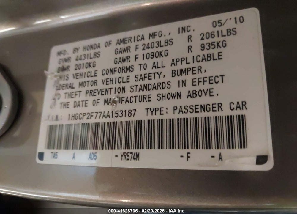 2010 HONDA ACCORD 2.4 EX VIN: 1HGCP2F77AA153187