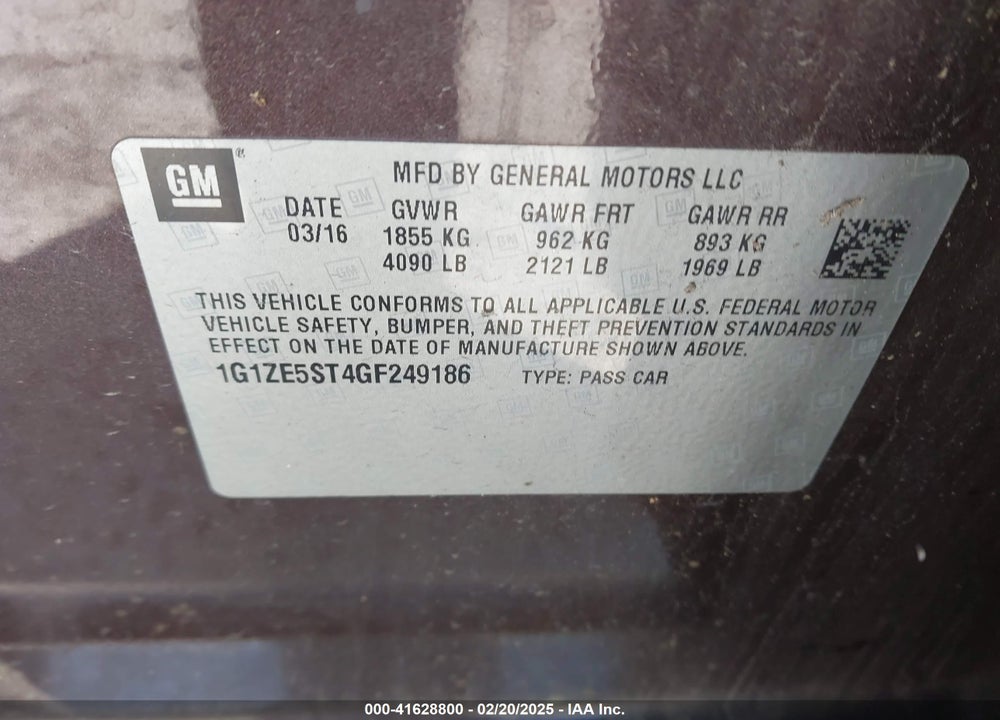 2016 CHEVROLET MALIBU VIN: 1G1ZE5ST4GF249186