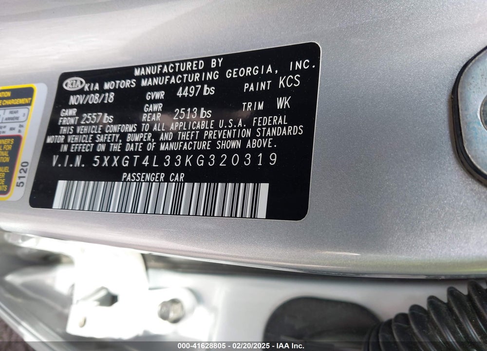 2019 KIA OPTIMA VIN: 5XXGT4L33KG320319
