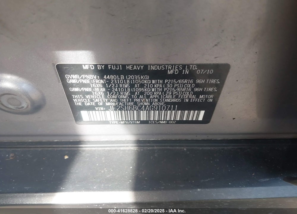 2010 SUBARU FORESTER VIN: JF2SH6BC4AG910711