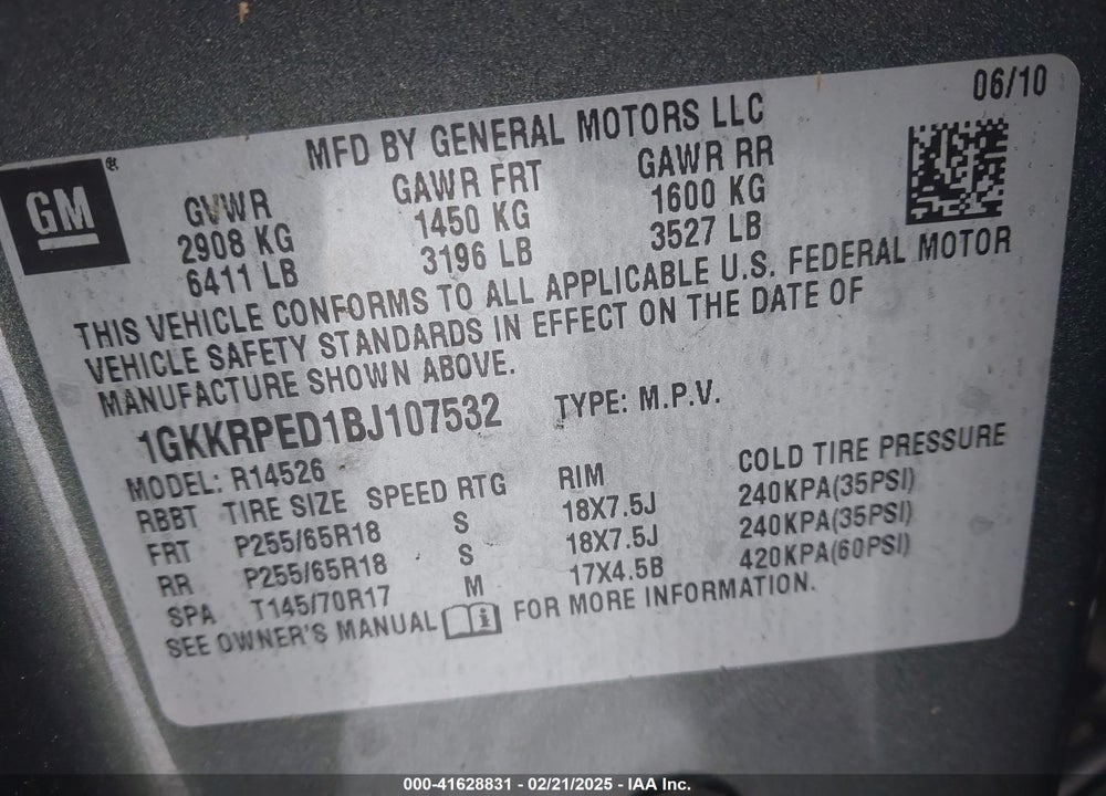 2011 GMC ACADIA SLE VIN: 1GKKRPED1BJ107532