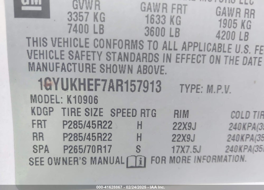 2010 CADILLAC ESCALADE ESV VIN: 1GYUKHEF7AR157913
