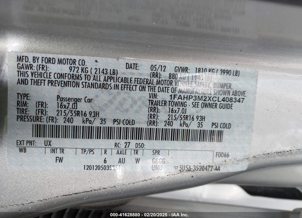 2012 FORD FOCUS SEL VIN: 1FAHP3M2XCL408347
