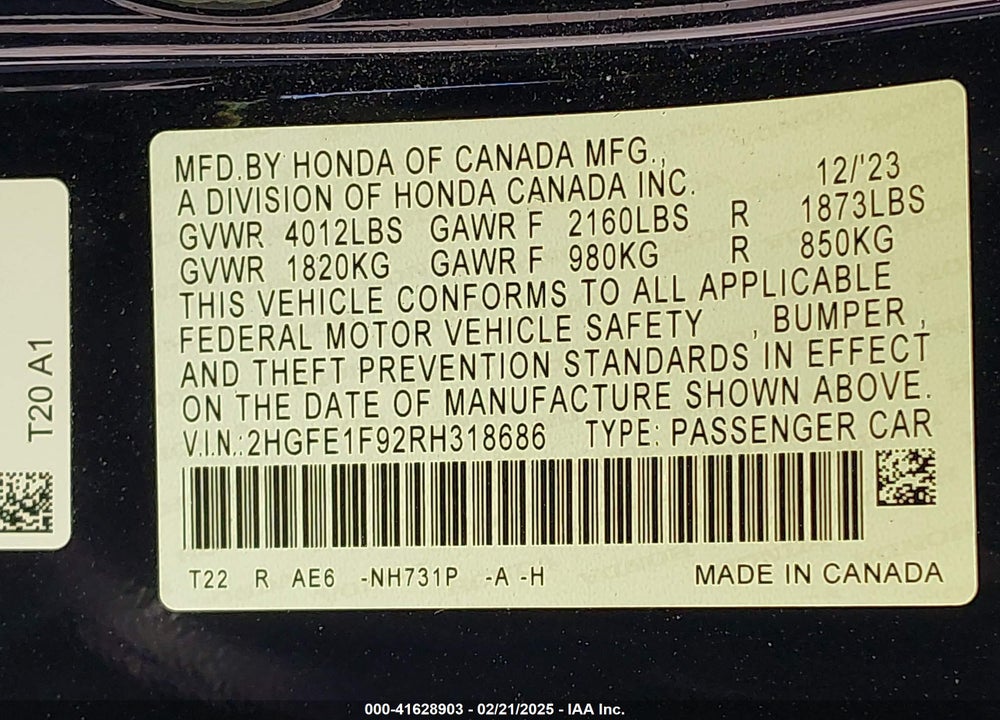 2024 HONDA CIVIC VIN: 2HGFE1F92RH318686