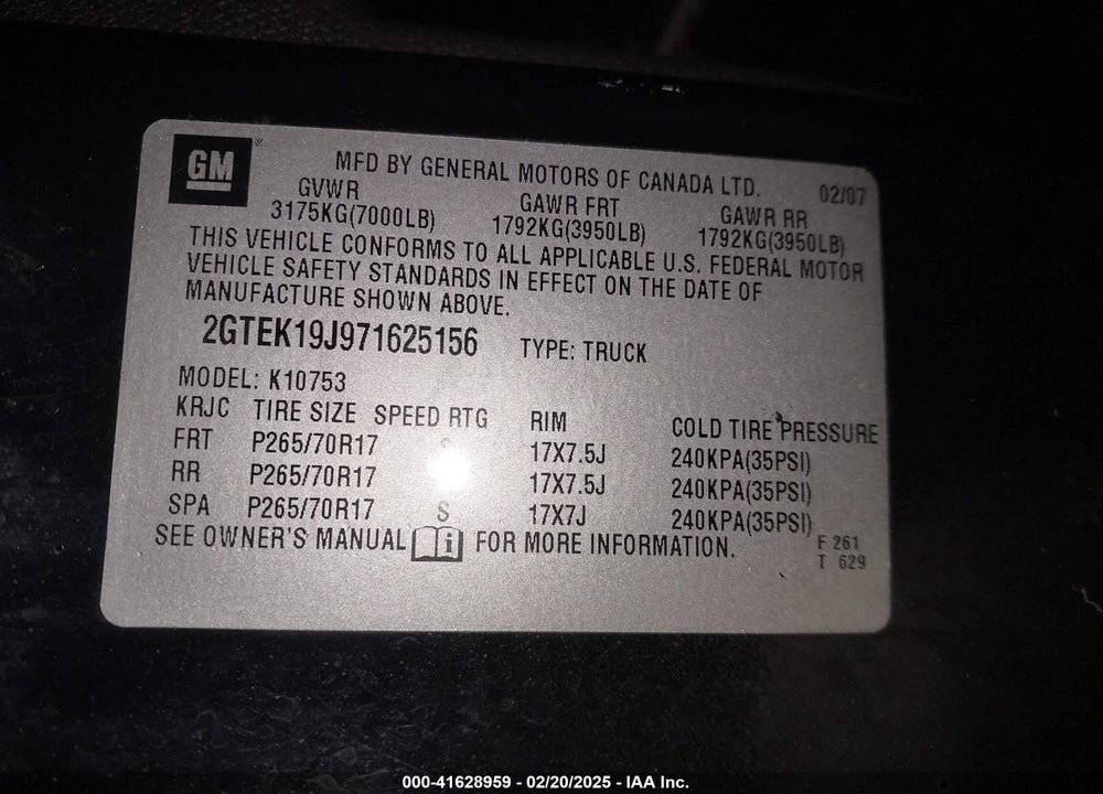2007 GMC SIERRA 1500 SLE1 VIN: 2GTEK19J971625156
