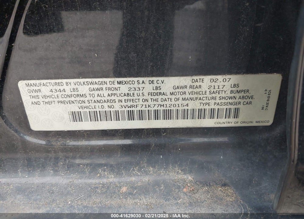 2007 VOLKSWAGEN JETTA 2.5 VIN: 3VWRF71K77M120154