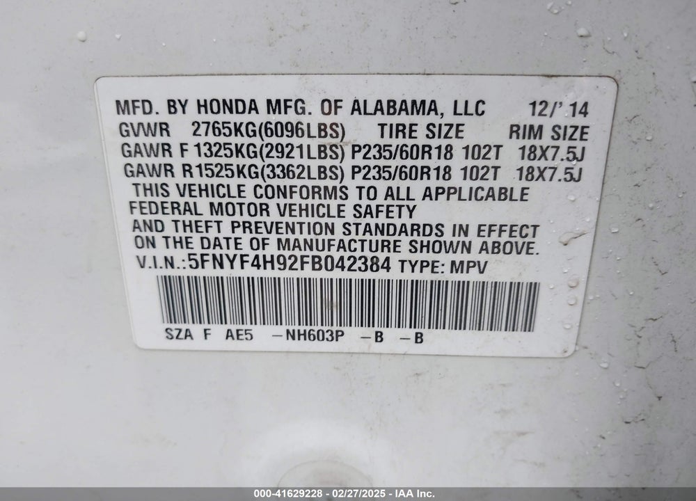 2015 HONDA PILOT TOURING VIN: 5FNYF4H92FB042384