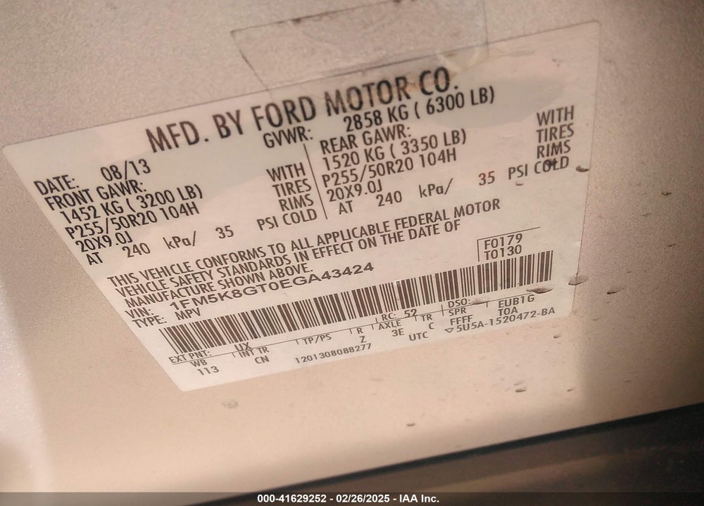 2014 FORD EXPLORER VIN: 1FM5K8GT0EGA43424