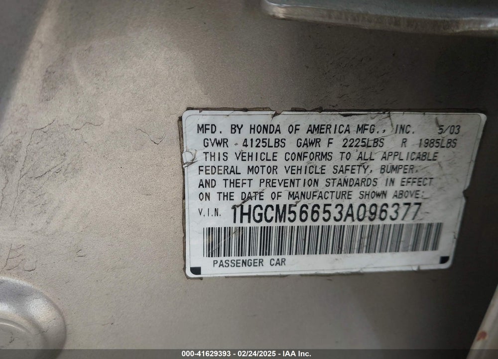 2003 HONDA ACCORD 2.4 EX VIN: 1HGCM56653A096377