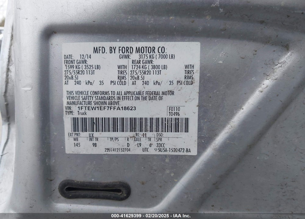 2015 FORD F-150 PLATINUM VIN: 1FTEW1EF7FFA18623