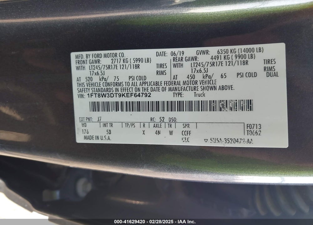 2019 FORD F-350 LARIAT VIN: 1FT8W3DT9KEF64792
