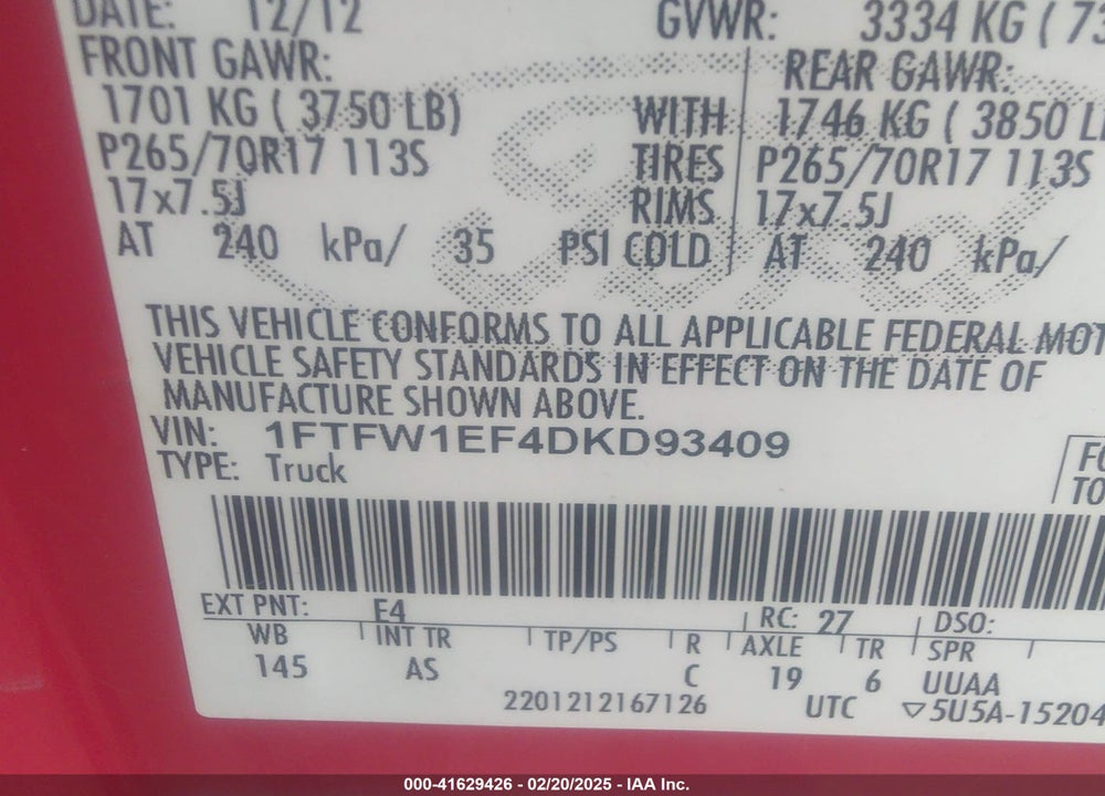 2013 FORD F150 VIN: 1FTFW1EF4DKD93409