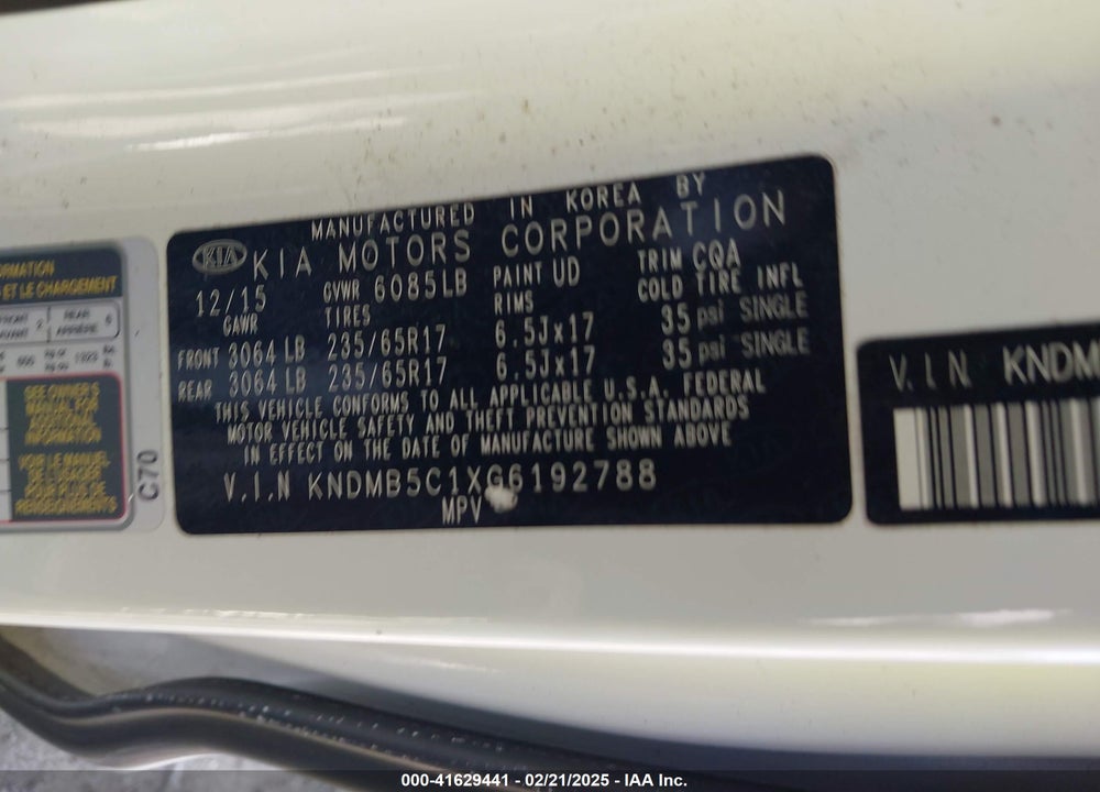 2016 KIA SEDONA LX VIN: KNDMB5C1XG6192788