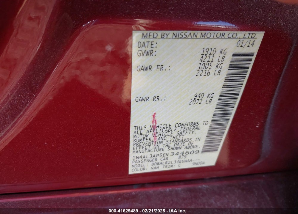 2014 NISSAN ALTIMA VIN: 1N4AL3AP5EN344609