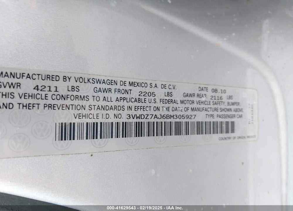 2011 VOLKSWAGEN JETTA 2.5L SE VIN: 3VWDZ7AJ6BM305927