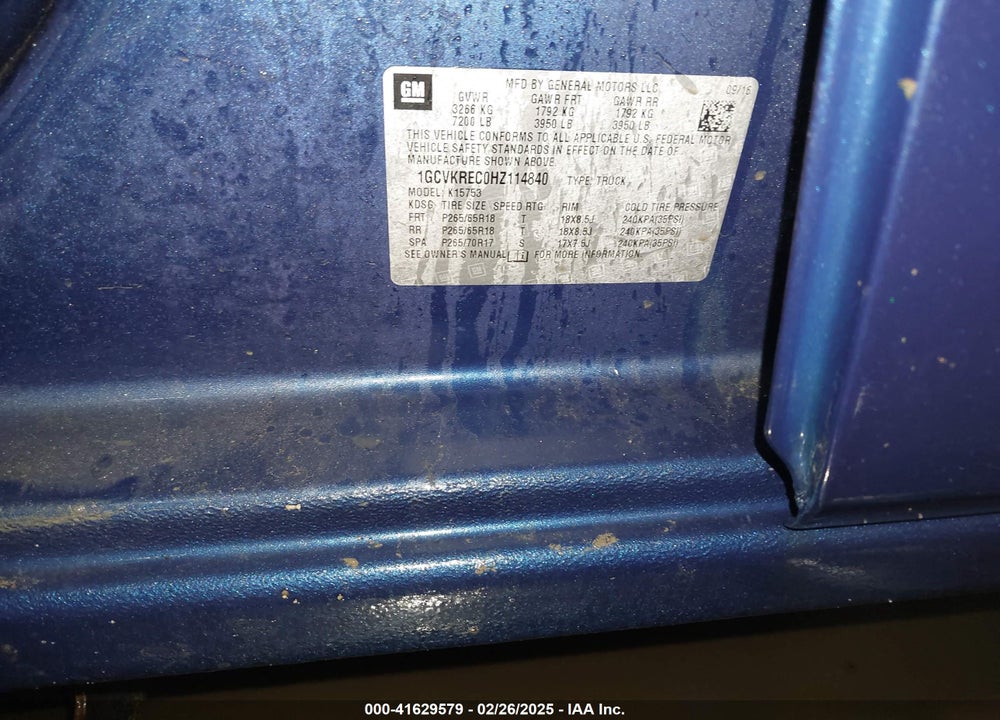 2017 CHEVROLET SILVERADO VIN: 1GCVKREC0HZ114840