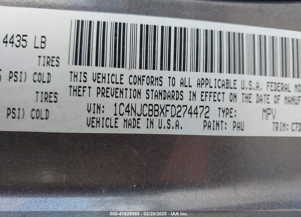 2015 JEEP COMPASS SPORT VIN: 1C4NJCBBXFD274472