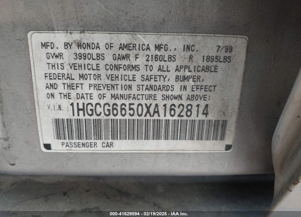 1999 HONDA ACCORD LX VIN: 1HGCG6650XA162814