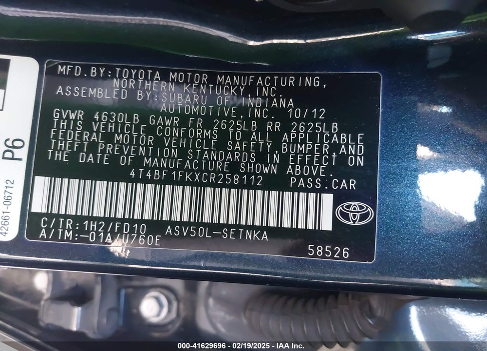 2012 TOYOTA CAMRY VIN: 4T4BF1FKXCR258112