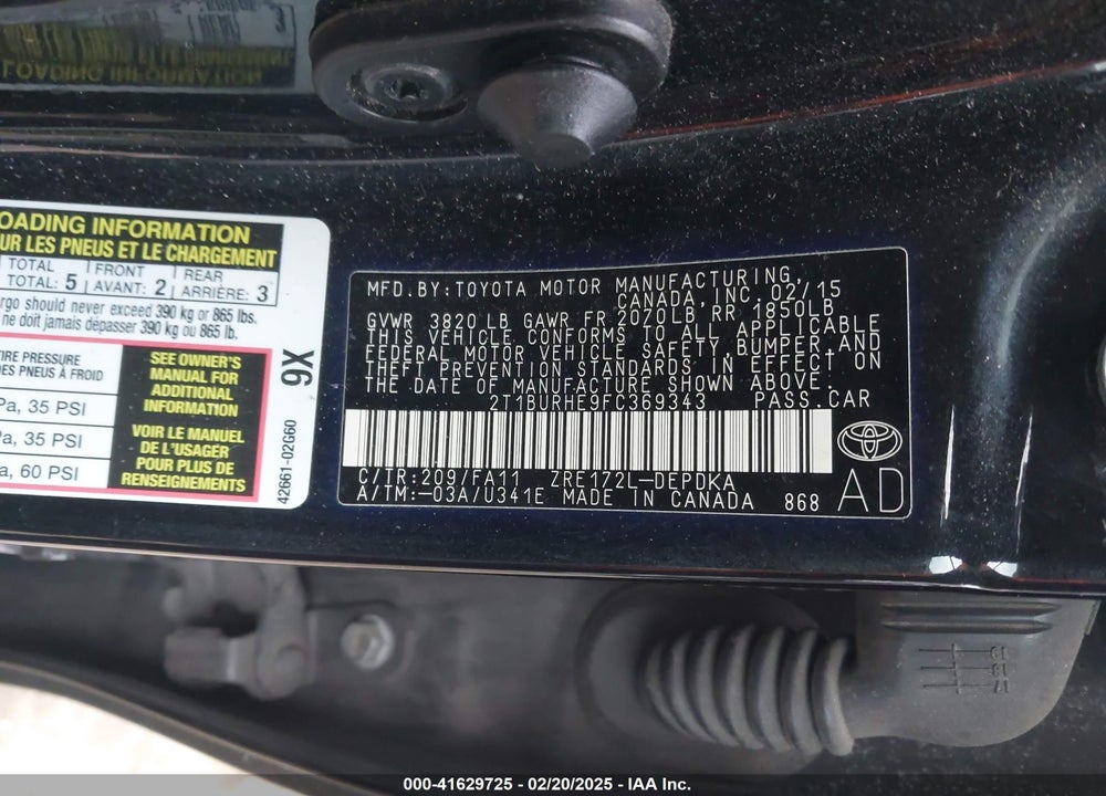 2015 TOYOTA COROLLA VIN: 2T1BURHE9FC369343