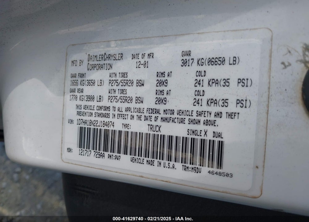 2002 DODGE RAM 1500 ST VIN: 1D7HA18N22J184074
