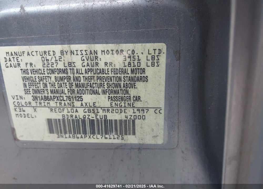 2012 NISSAN SENTRA VIN: 3N1AB6APXCL761125