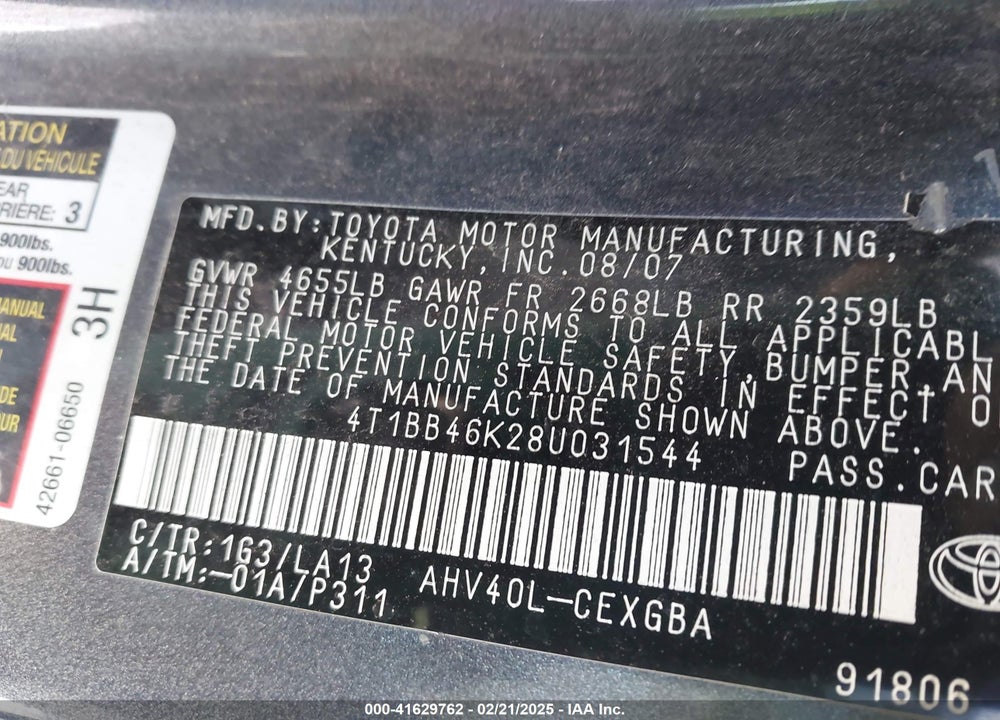 2008 TOYOTA CAMRY HYBRID VIN: 4T1BB46K28U031544