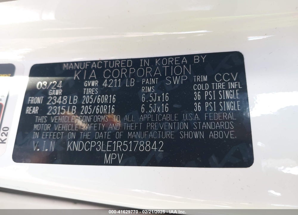 2024 KIA NIRO VIN: KNDCP3LE1R5178842